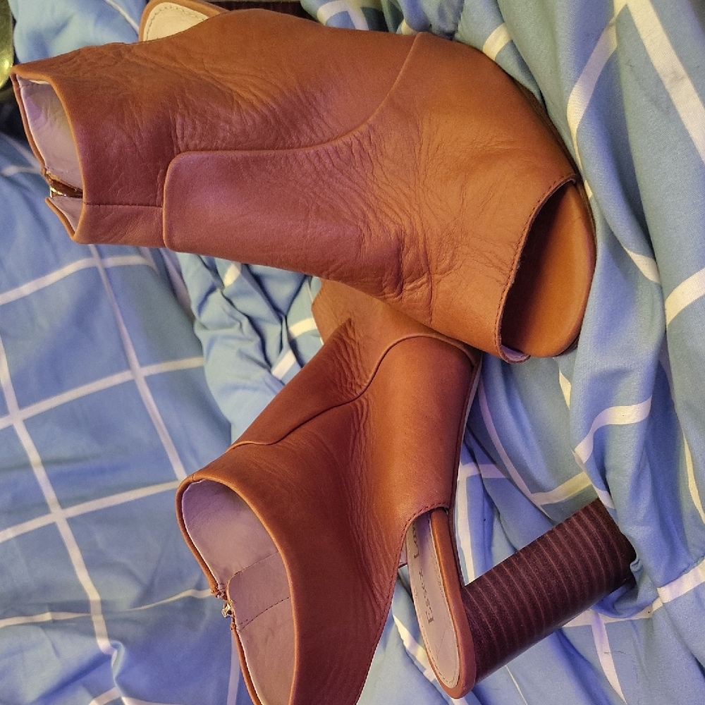 Brown Leather Peep-Toe Ankle Boots